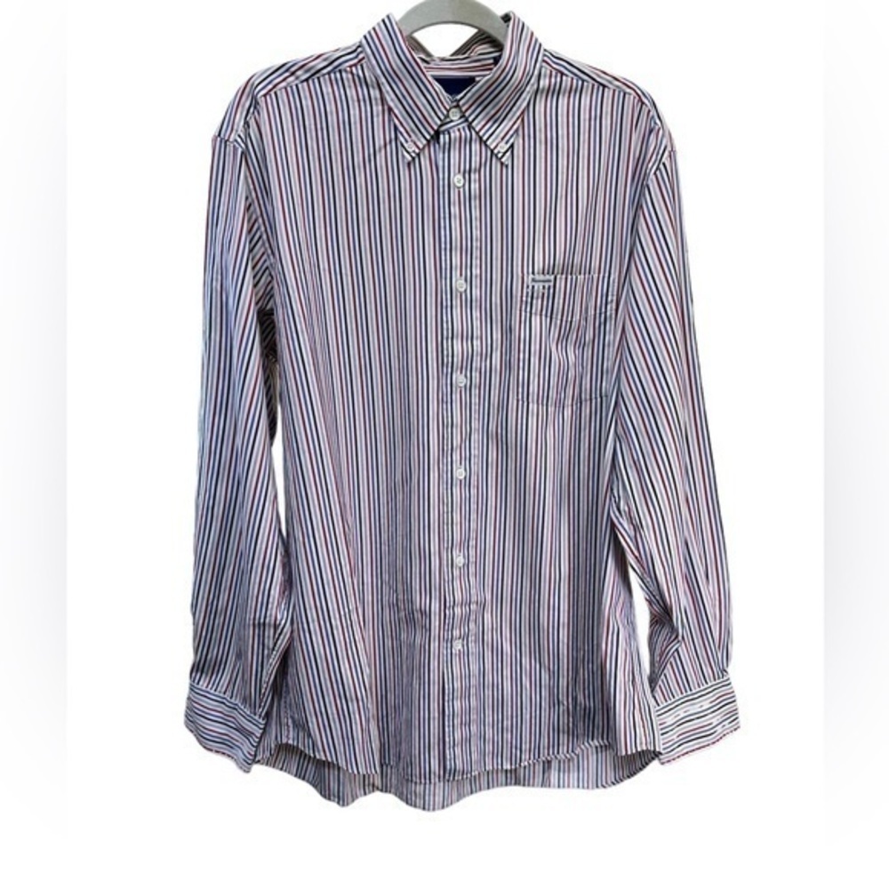 Faconnable Mens Red White Blue Striped Long Sleeve Button Up Shirt